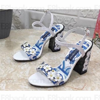 Dolce & Gabbana Heel 10.5cm Blue Printed Floral Sandals White 2023