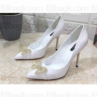 Dolce & Gabbana Heel 10.5cm leather Pumps White with Crystal Bow 2023