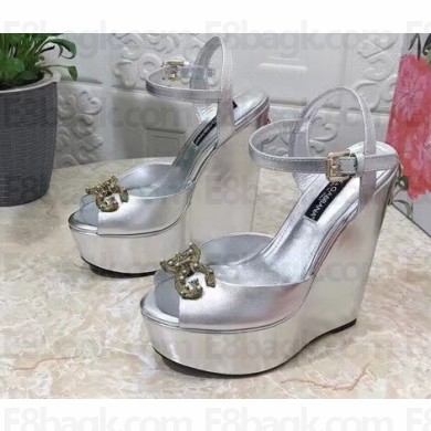 Dolce & Gabbana Heel 15cm Platform 4cm DG Logo leather wedges sandals Silver 2023