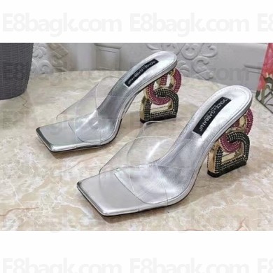 Dolce & Gabbana Crystal DG Pop Heel 10.5cm criss-cross straps Mules PVC Silver 2023