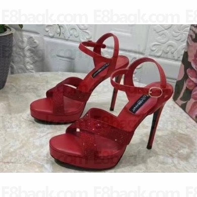 Dolce & Gabbana Heel 12cm Platform 1.5cm criss-cross straps sandals Red with rhinestone 2023