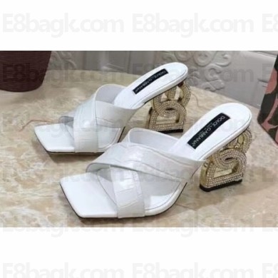 Dolce & Gabbana Crystal DG Pop Heel 10.5cm criss-cross straps Mules Crocodile-print calfskin White 2023