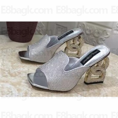 Dolce & Gabbana DG Pop Heel 10.5cm Leather Mules Silver with fusible rhinestone 2023