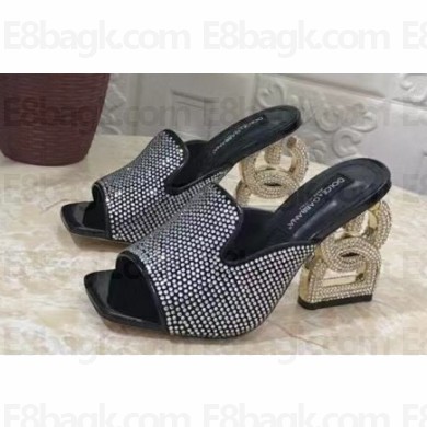Dolce & Gabbana DG Pop Heel 10.5cm Leather Mules Black with fusible rhinestone 2023
