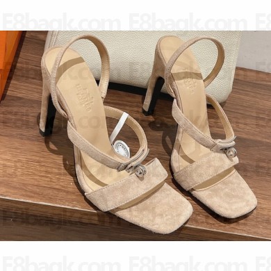 Hermes Heel 9.5cm Glamour Sandals in suede goatskin Beige/Silver 2023