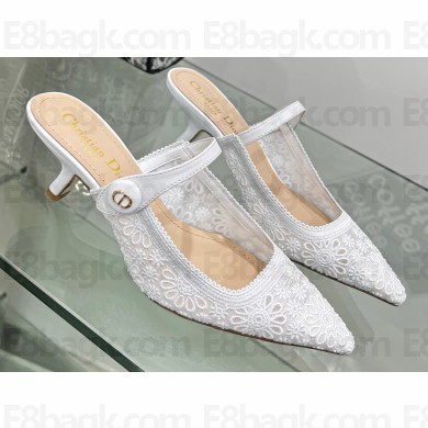 Dior Heel 6.5cm Capture Mules in Transparent Mesh Embroidered with White Saint-Gall Motif 2023