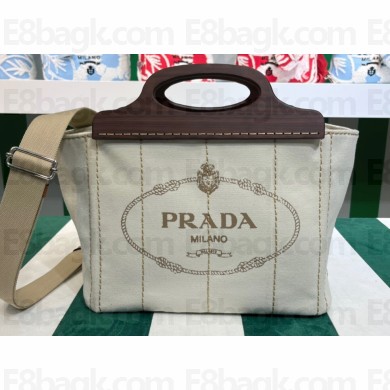 Prada Small Tote Bag in Canvas and Wood 1BG350 White 2023