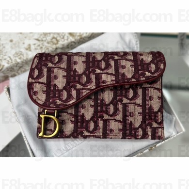 Dior Saddle Flap Card Holder Oblique Jacquard Burgundy