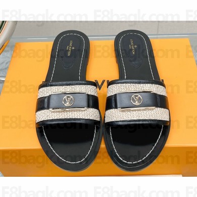 Louis Vuitton Lock It Flat Mules in Raffia and Calf Leather Black 2023