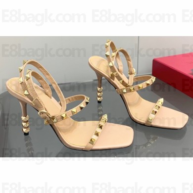 Valentino Sculpted Heel 9cm Rockstud Goatskin Sandals Apricot 2023