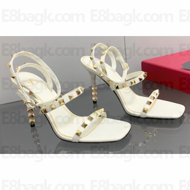 Valentino Sculpted Heel 9cm Rockstud Goatskin Sandals White 2023