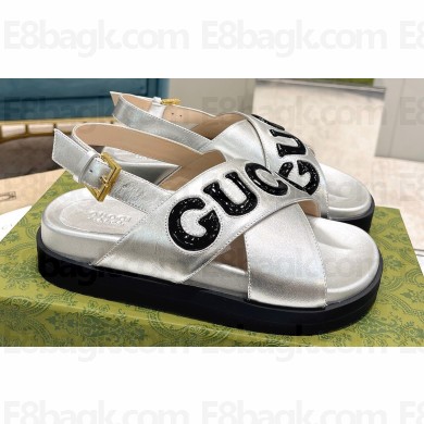 Gucci script Leather Sandals 738691 Silver/Black 2023
