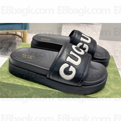 Gucci script Leather Slide Sandals Black/White 2023