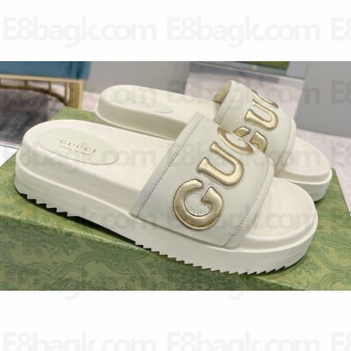 Gucci script Leather Slide Sandals White/Gold 2023