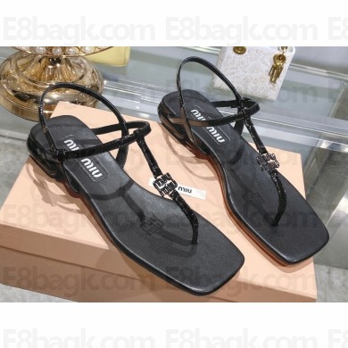 Miu Miu Patent thong sandals Black with metal lettering logo 2023