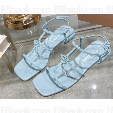 Miu Miu Patent leather sandals Blue with metal lettering logo 2023