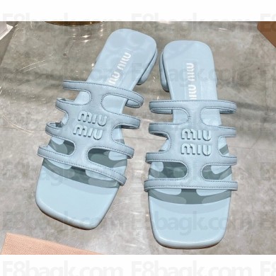 Miu Miu Leather sandals Blue with metal lettering logo 2023