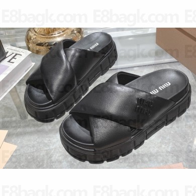 Miu Miu Leather Platform slides Black with metal lettering logo 2023