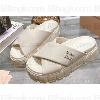 Miu Miu Leather Platform slides Creamy with metal lettering logo 2023
