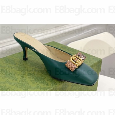 Gucci Heel 6cm Leather Interlocking G with python bow mules 738685 Green 2023