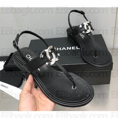 Chanel Metal CC Logo Thong Sandals Grained Leather Black 2023