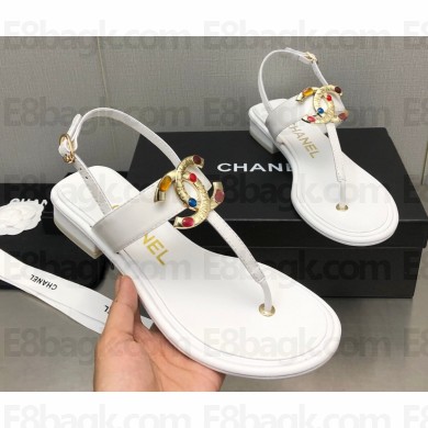 Chanel Metal CC Logo Thong Sandals Smooth Leather White 2023