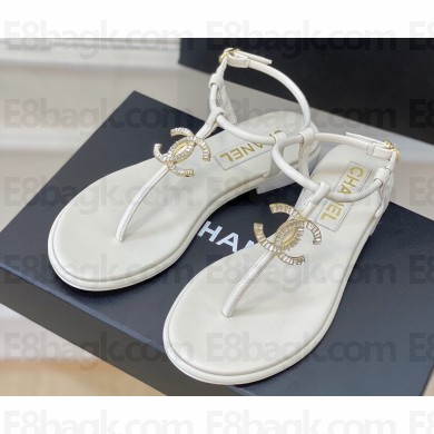 Chanel Lambskin & Strass CC Logo Thong Sandals G39728 White 2023