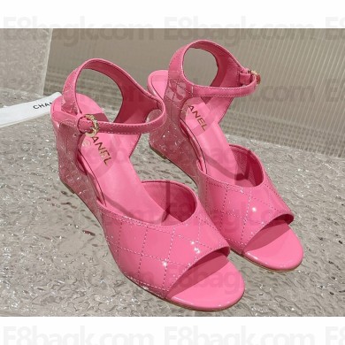 Chanel Quilting Wedge Sandals Patent Pink 2023