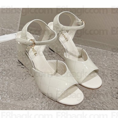 Chanel Quilting Wedge Sandals Patent White 2023