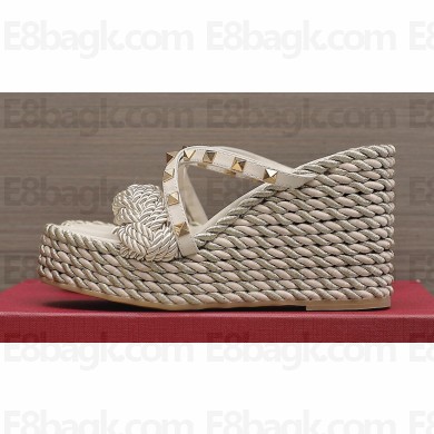 Valentino Heel 9.5cm Platform 3.5cm Rockstud wedge sandals in calfskin leather White with silk cords 2023