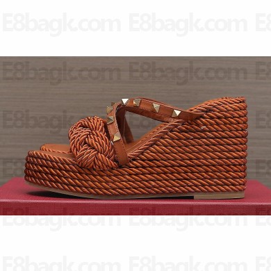 Valentino Heel 9.5cm Platform 3.5cm Rockstud wedge sandals in calfskin leather Brown with silk cords 2023