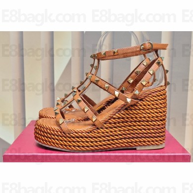 Valentino Heel 9.5cm Platform 3.5cm Rockstud ankle strap wedge sandals in calfskin Brown 2023