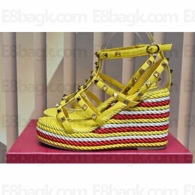 Valentino Heel 9.5cm Platform 3.5cm Rockstud ankle strap wedge sandals in calfskin Yellow/Red/White 2023