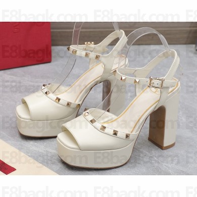 Valentino Heel 11cm Platform 3cm Leather Rockstud ankle strap sandals White 2023