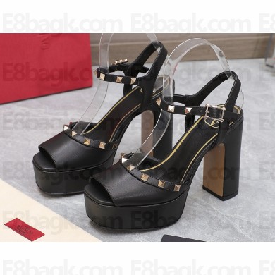 Valentino Heel 11cm Platform 3cm Leather Rockstud ankle strap sandals Black 2023