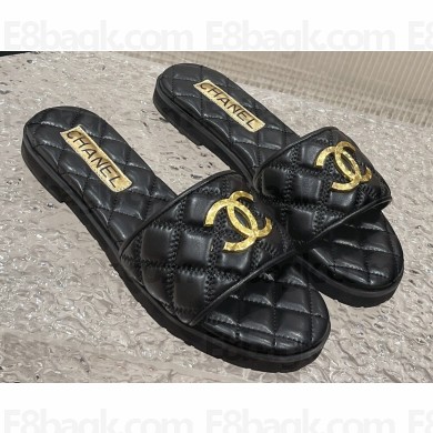 Chanel Heel 2cm Gold CC Logo Lambskin Quilting Mules G45014 Black 2023