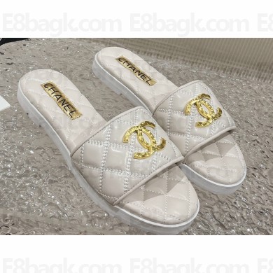 Chanel Heel 2cm Gold CC Logo Lambskin Quilting Mules G45014 White 2023