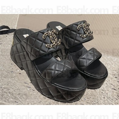 Chanel Heel 7.5cm Gold CC Logo Lambskin Quilting Platform Mules Sandals Black 2023