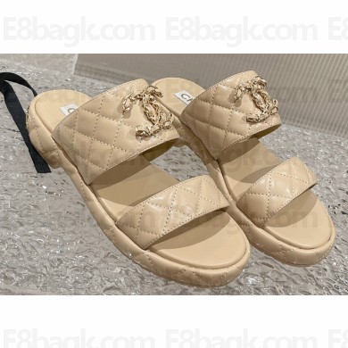 Chanel Heel 3cm Gold CC Logo Lambskin Quilting Mules Sandals Beige 2023