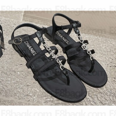 Chanel Satin, Metal & Strass Thong Sandals G40128 Black 2023