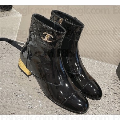 Chanel Gold Heel 3cm Patent Goatskin Short Boots G39736 Black 2023