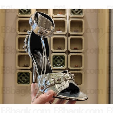 Balenciaga Heel 10.5cm Cagole Sandals in Arena lambskin Metallized Silver 2023