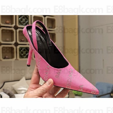 Balenciaga Square Knife Heel 10cm Slingbacks in Satin Pink with Allover Logo in rhinestones 2023