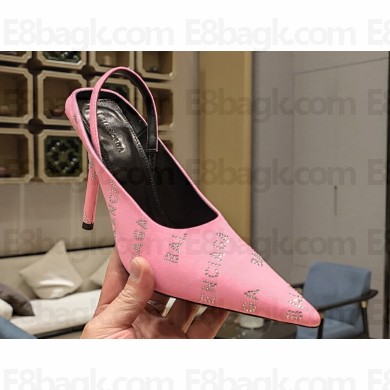 Balenciaga Square Knife Heel 10cm Slingbacks in Satin Light Pink with Allover Logo in rhinestones 2023
