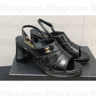 Chanel Heel Patent Crumpled Lambskin Sandals G45016 Black 2023