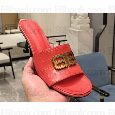 Balenciaga Heel 7cm BB Plaque Groupie Sandals in Leather crocodile print Red 2023