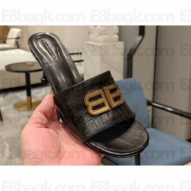Balenciaga Heel 7cm BB Plaque Groupie Sandals in Leather crocodile print Black 2023