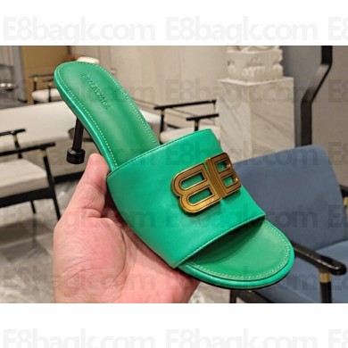 Balenciaga Heel 7cm BB Plaque Groupie Sandals in Leather Green 2023