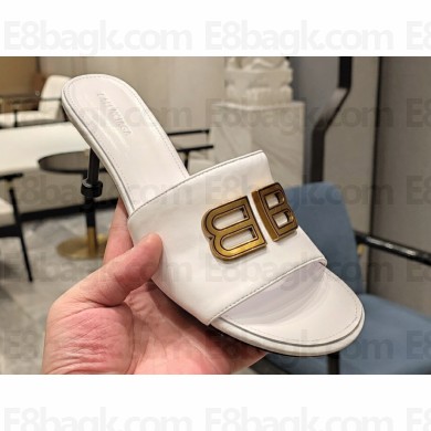 Balenciaga Heel 7cm BB Plaque Groupie Sandals in Leather White 2023