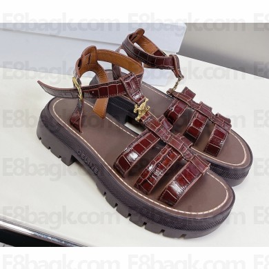 Celine CLEA TRIOMPHE GLADIATOR CHUNKY SANDALs in Calfskin CROCODILE Burgundy 2023